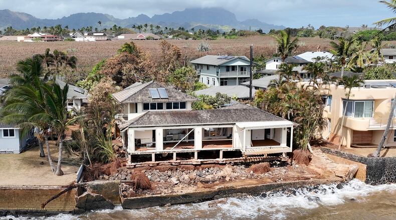 A home damaged by Hurricane Lowell is seen Thursday, Sept. 10, 2026, in Poipu, Hawaii. (Nathan Eagle/Honolulu Civil Beat via AP)