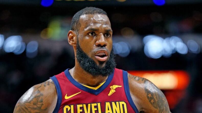 The Cleveland Cavaliers’ LeBron James on the court against the Miami Heat at the AmericanAirlines Arena in Miami on March 27, 2018. (Charles Trainor Jr./Miami Herald/TNS)