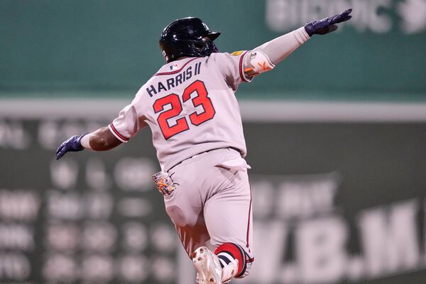 Michael Harris II rounds the bases on his two-run home run against the Red Sox on Tuesday, May 26, 2026, in Boston. In his fifth full season with the Braves, the center fielder is well on his way to having a career year from the plate. (Charles Krupa/AP)