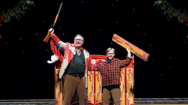 Chris Carsten as the older Ralphie and Myles Moore as the younger Ralphie in “A Christmas Story: The Musical” at the Fox Theatre through Sunday. (On opening night, the younger Ralphie was played by Austin Molinaro.) CONTRIBUTED BY JESSE SCHEVE