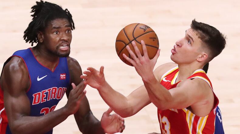 Atlanta Hawks guard Bogdan Bogdanovic goes to the basket for two. (Curtis Compton/Atlanta Journal-Constitution)