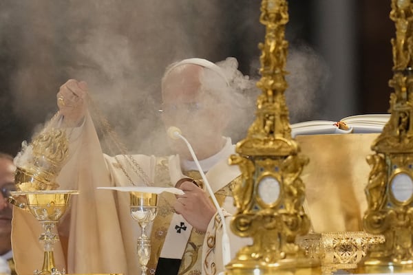 Pope Leo XIV presides over a Mass in the Archbasilica of St. John Lateran and takes possession of the Roman Cathedra, formalising his role as Bishop of Rome in Rome, Sunday, May 25, 2025. (AP Photo/Gregorio Borgia)