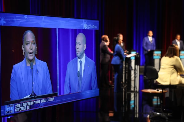 Democratic candidates for governor Keisha Lance Bottoms (left) and Jason Esteves appear on screen during the Atlanta Press Club Loudermilk-Young primary election debate at Georgia Public Broadcasting last week. (Arvin Temkar/AJC)