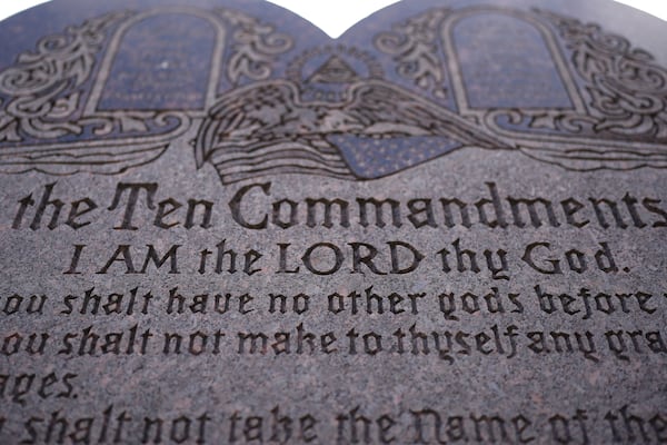 A granite Ten Commandments monument stands on the ground of the Texas Capitol, Thursday, May 29, 2025, in Austin, Texas. (AP Photo/Eric Gay)