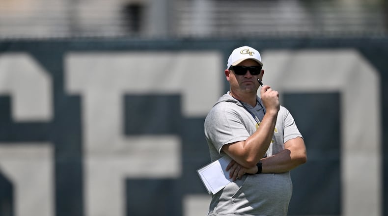 Georgia Tech coach Brent Key and the Yellow Jackets will open the 2023 season Sept. 1 at Mercedes-Benz Stadium against Louisville. (Hyosub Shin / Hyosub.Shin@ajc.com)