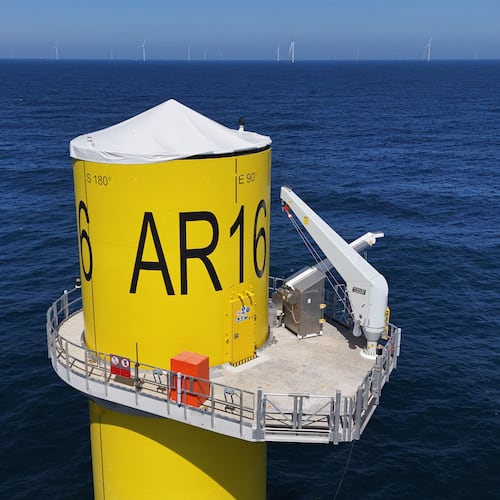 FILE - A wind turbine base is visible at Sunrise Wind offshore wind farm that is under construction off the coast of Montauk Point, New York, April 23, 2026. (AP Photo/Joshua A. Bickel, File)