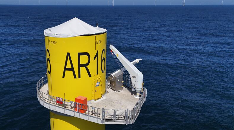 FILE - A wind turbine base is visible at Sunrise Wind offshore wind farm that is under construction off the coast of Montauk Point, New York, April 23, 2026. (AP Photo/Joshua A. Bickel, File)