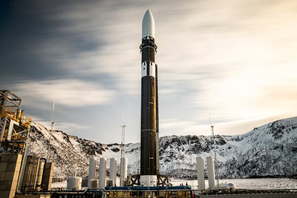 In a photo provided by Isar Aerospace, Photo Wingmen Media, Isar Aerospace Launch Vehicle "Spectrum" stands on a launchpad at Andoya Spaceport in Nordmela, on Andøya island, Norway, on March 21, 2025. (Brady Kenniston/Isar Aerospace, Photo Wingmen Media via AP)