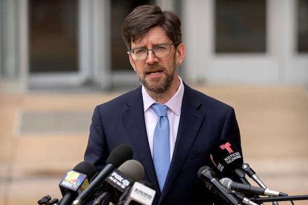 Simon Sandoval-Moshenberg, an attorney for Kilmar Abrego Garcia, speaks to reporters after a hearing at the U.S. District Court in Greenbelt, Md., Monday, July 7, 2025. (AP Photo/Mark Schiefelbein)