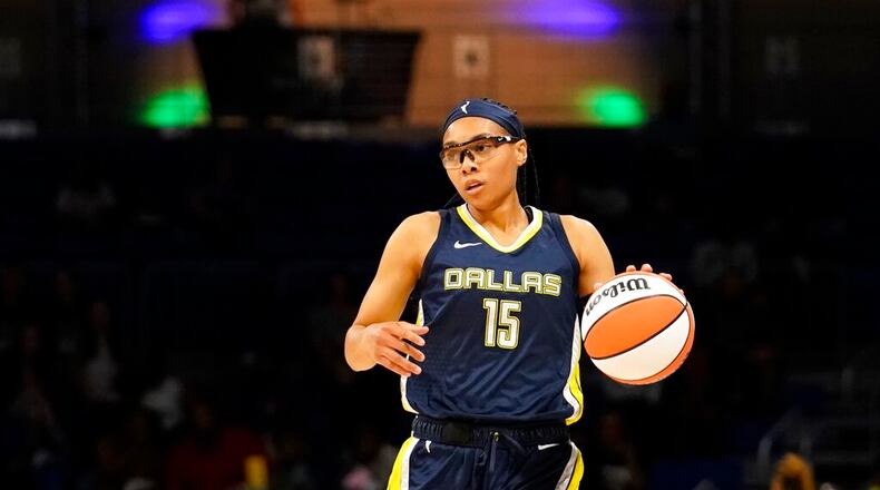 Dallas Wings guard Allisha Gray handles the ball during a WNBA basketball game against the New York Liberty in Arlington, Texas, Wednesday, Aug. 10, 2022. (AP Photo/Tony Gutierrez)
