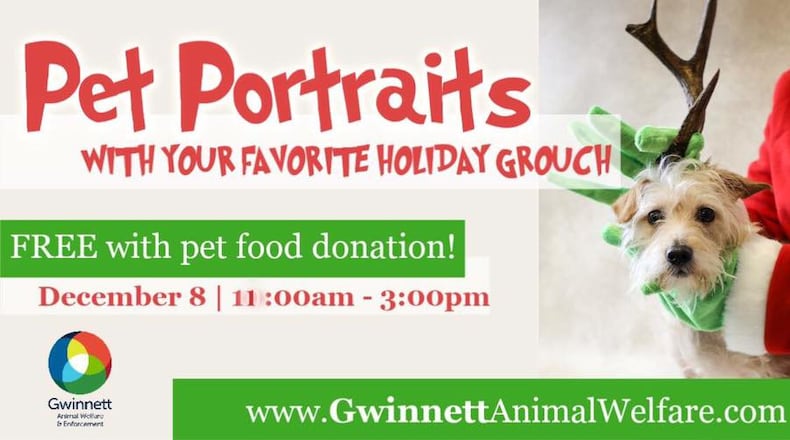 Gwinnett Animal Welfare will host Holiday Pet Portraits for families and pets 10 a.m. to 3 p.m. Saturday, Dec. 8, at 844 Winder Highway in Lawrenceville. Courtesy Gwinnett Animal Welfare
