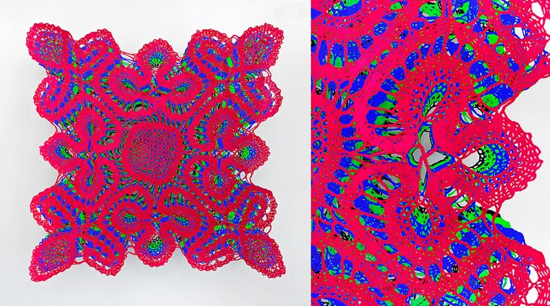 “Another Time Another Place” in hand-cut Mylar, acrylic paint and stainless steel hardware is featured in a solo show from artist Susanna Starr at Marcia Wood Gallery.