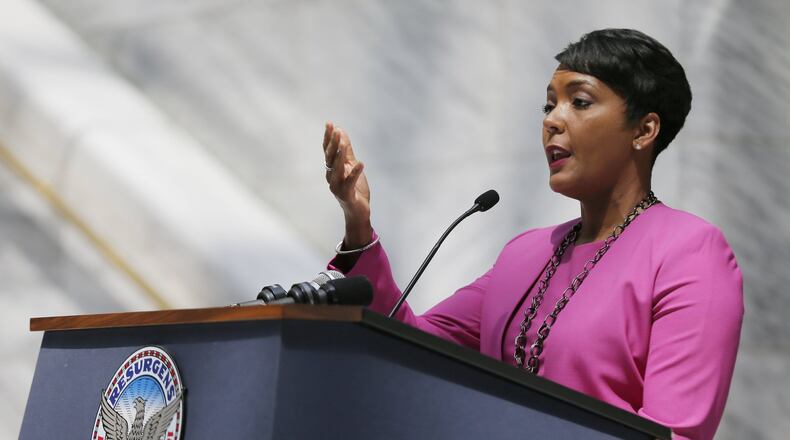 4/10/18 - Atlanta - Mayor Keisha Lance Bottoms answered questions about her cabinet resignation and the the cyberattack on city computers at a press conference at Atlanta City Hall today. Earlier she released a statement saying “I have asked for the resignation of all Cabinet members, and after further assessment will determine which resignations I will accept. Consistent with what I said upon taking office in January, I have taken the first 100 days to evaluate the leadership of my Administration.” Bob Andres bandres@ajc.com