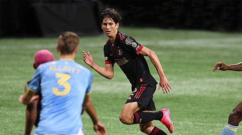 Atlanta United midfielder Jurgen Damm looks for an opening against the Philadelphia Union during the first leg of the CONCACAF Champions League quarterfinals Tuesday, April 27, 2021, at Mercedes-Benz Stadium in Atlanta. Philadelphia won 3-0. (Curtis Compton / Curtis.Compton@ajc.com)