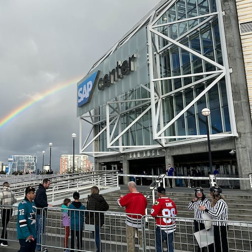 FILE - A rainbow is shown as fans line up outside SAP Center at San Jose before an NHL hockey game between the Chicago Blackhawks and the San Jose Sharks in San Jose, Calif., March 23, 2024. (AP Photo/Jeff Chiu, File)