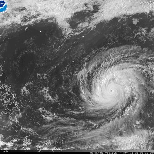 This satellite image provided by the National Oceanographic and Atmospheric Administration (NOAA) shows super typhoon Sinlakua in the Pacific Ocean, Monday, April 13, 2026. (NOAA via AP)