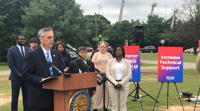 Secretary of State Brad Raffensperger introduces a plan to avoid long lines on Election Day on Wednesday, June 17, 2020. He spoke outside Park Tavern in Piedmont Park, where voters waited for hours before being able to cast their ballots in the June 9 primary. MARK NIESSE / MARK.NIESSE@AJC.COM