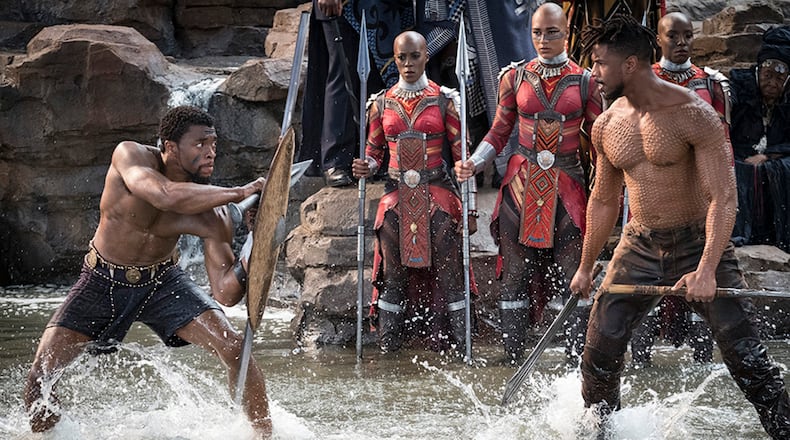 T'Challa/Black Panther (Chadwick Boseman) and Erik Killmonger (Michael B. Jordan) star in the film "Black Panther." (Matt Kennedy/Marvel Studios)