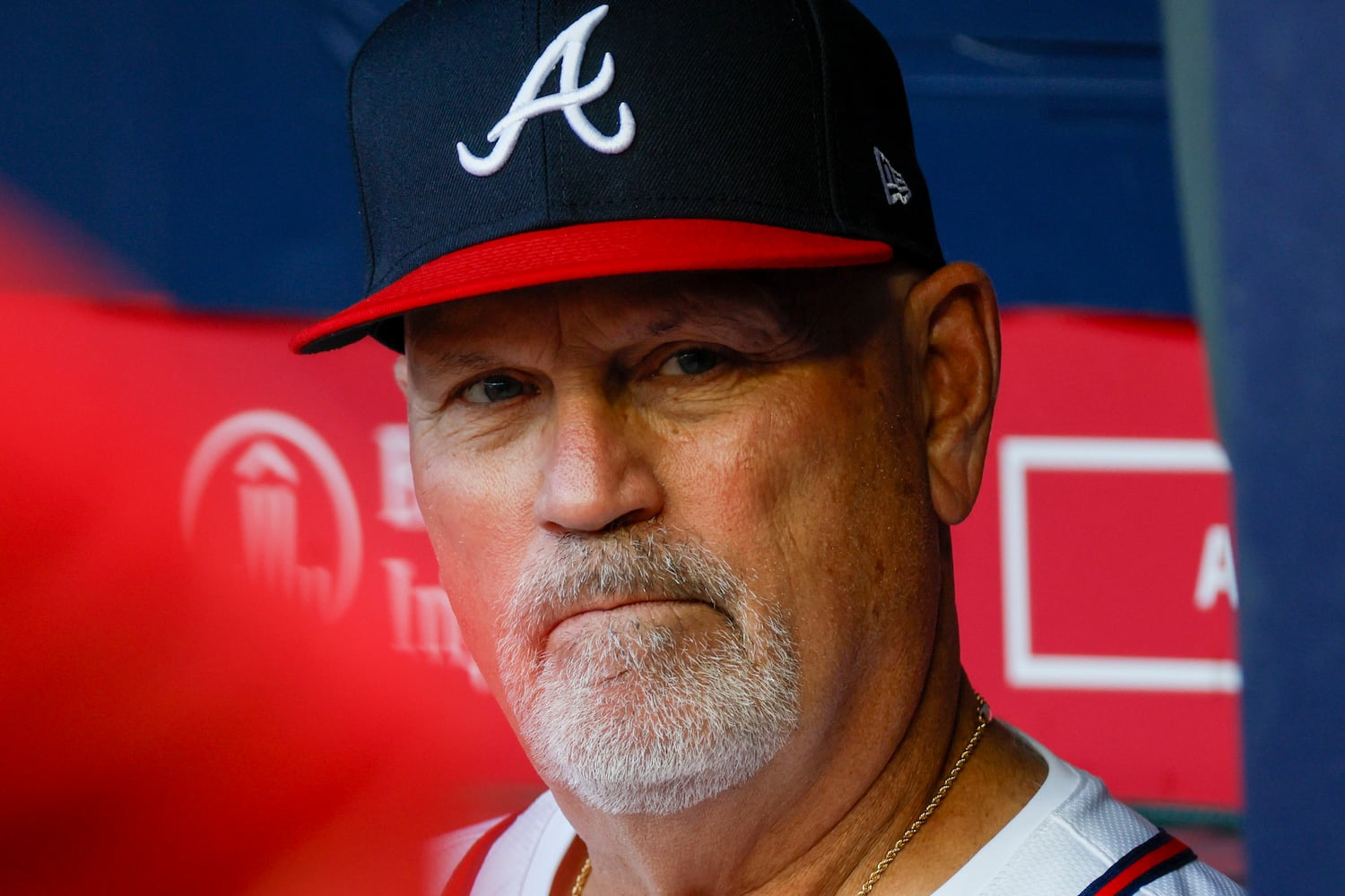 Atlanta Braves manager Brian Snitker (43) looks at the field during warm-ups before his team faces the Washington Nationals at Truist Park on Monday, May 12, 2025, in Atlanta. 
(Miguel Martinez/ AJC)