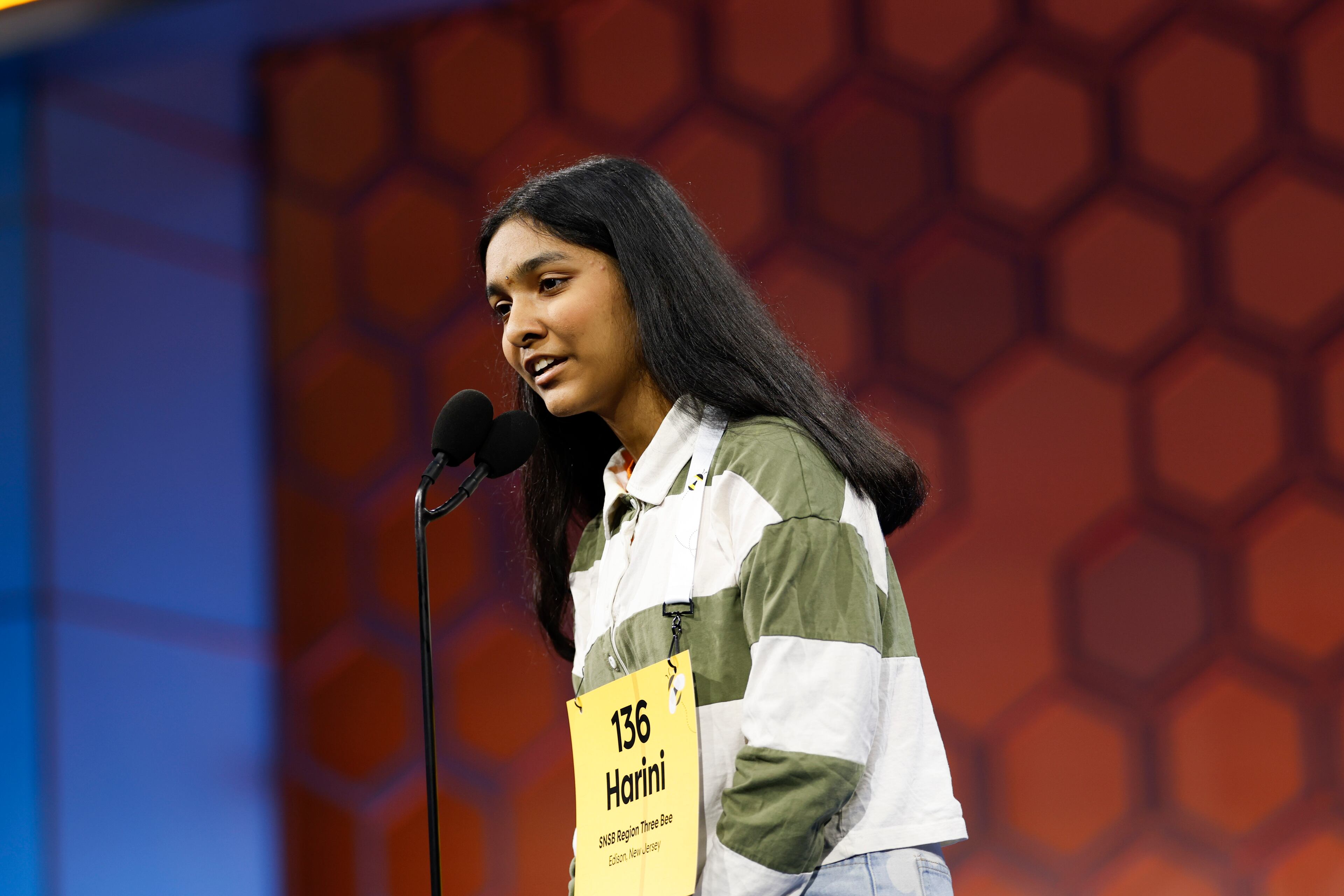 Harini Murali, 13, of Edison, N.J., competes in the finals of the Scripps National Spelling Bee in National Harbor, Md., on Thursday, May 29, 2025. (Ting Shen/The New York Times)