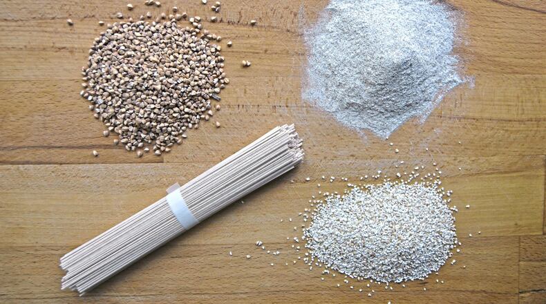 Buckwheat in all its forms. Clockwise from top left: Kasha (toasted buckwheat groats), buckwheat flour, cream of buckwheat, soba (buckwheat) noodles. (Gretchen McKay/Pittsburgh Post-Gazette/TNS)