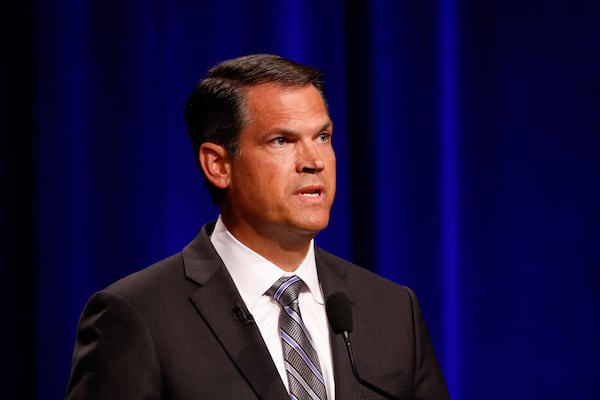 Democratic candidate for governor Geoff Duncan, who is a former Republican lieutenant governor, participates in the Atlanta Press Club Loudermilk-Young debate on Monday. (Arvin Temkar/AJC)