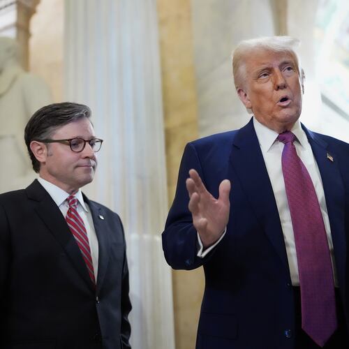 House Speaker Mike Johnson (left) and President Donald Trump discuss the Republican-backed budget at the U.S. Capitol on May 20, 2025, in Washington, D.C. Trump joined conservative House lawmakers to help push through their budget bill after it advanced through the House Budget Committee on May 18. (Kevin Dietsch/TNS)