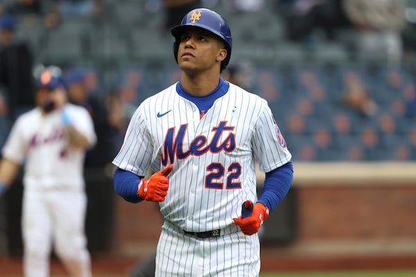 New York Mets' Juan Soto runs to the dugout after a baseball game against the Tampa Bay Rays, Sunday, June 15, 2025, in New York. (AP Photo/Pamela Smith)