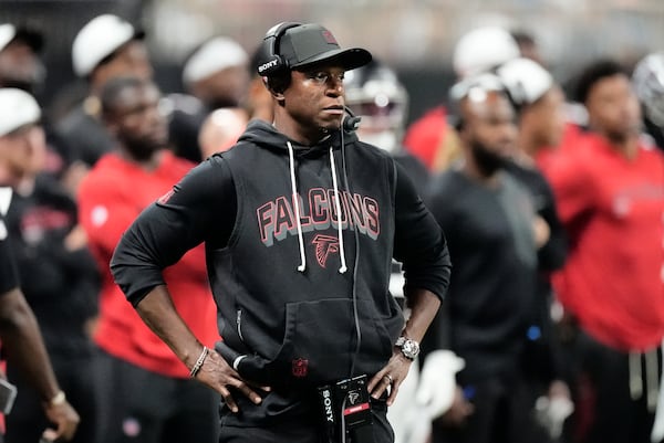 Coach Raheem Morris and the Falcons are facing several pressing issues as they prepare to go up against the Buccaneers at 1 p.m. Sunday at Mercedes-Benz Stadium. (Mike Stewart/AP)