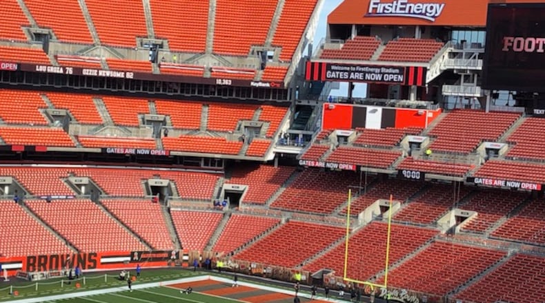 Players warming up at FirstEnergy Field before the Falcons play the Browns on Sunday, Nov. 11, 2018. (By D. Orlando Ledbetter/dledbetter@ajc.com)