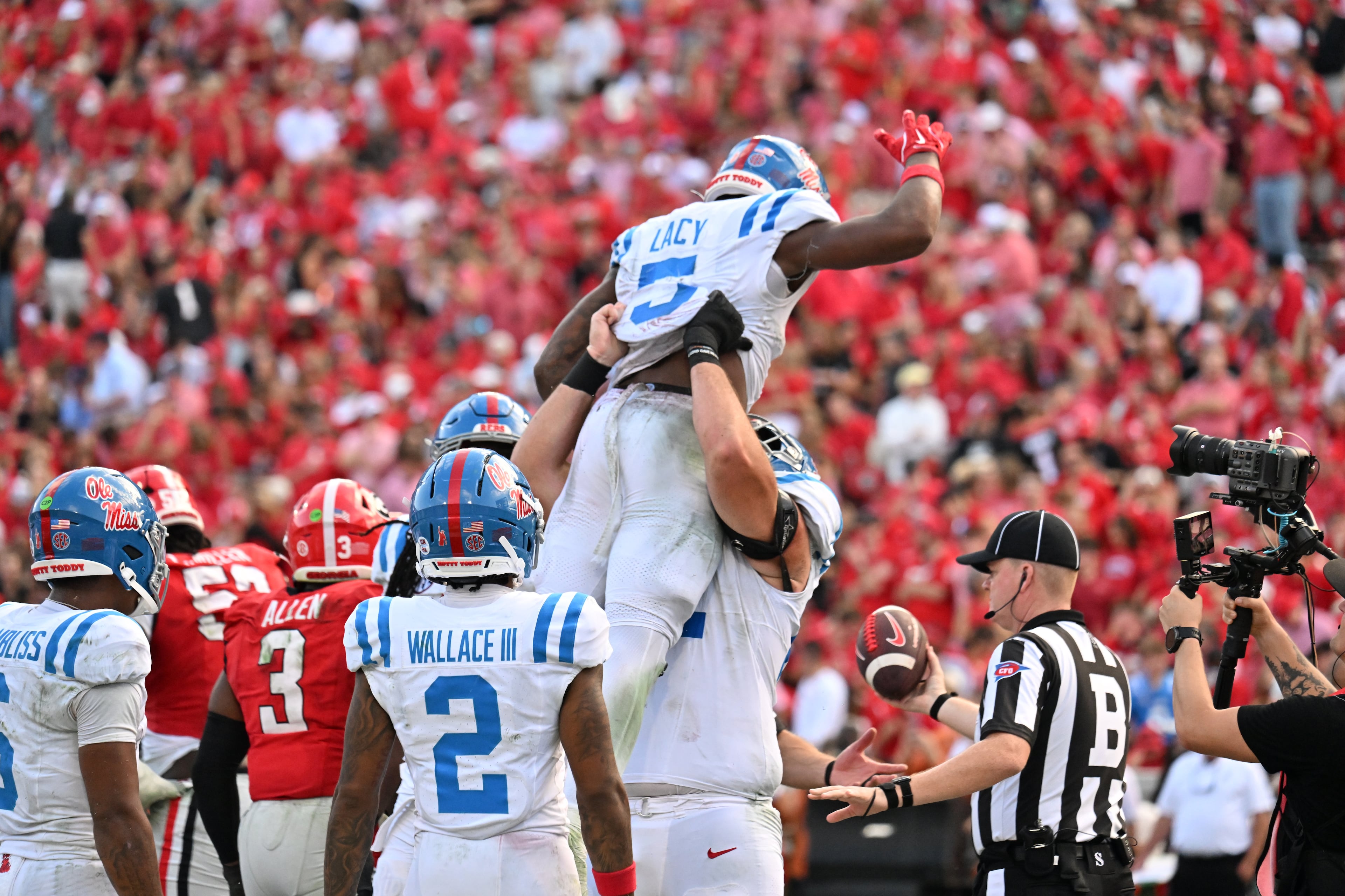 Mississippi running back Kewan Lacy (5) celebrates after scoring a touchdown during the first half in an NCAA football game at Sanford Stadium, Saturday, October 18, 2025, in Athens. (Hyosub Shin / AJC)