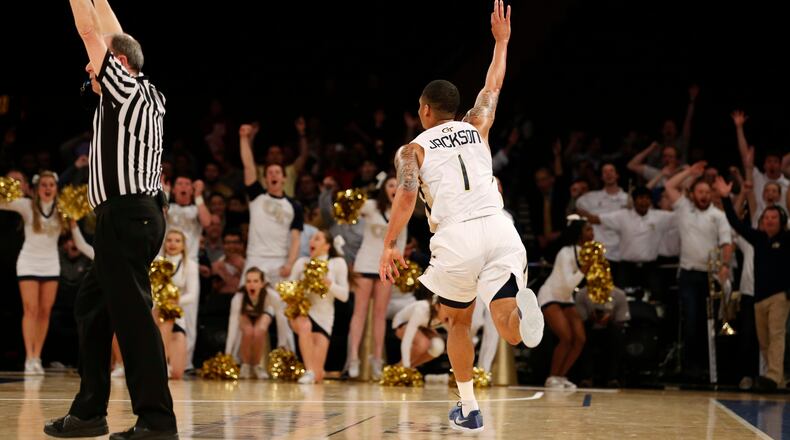 Georgia Tech’s Tadric Jackson reacts after making a 3-point shot against Cal State Bakersfield during an NIT semifinal Tuesday night in New York. The Jackets won easily to advance to the NIT Championship game. (AP photo)