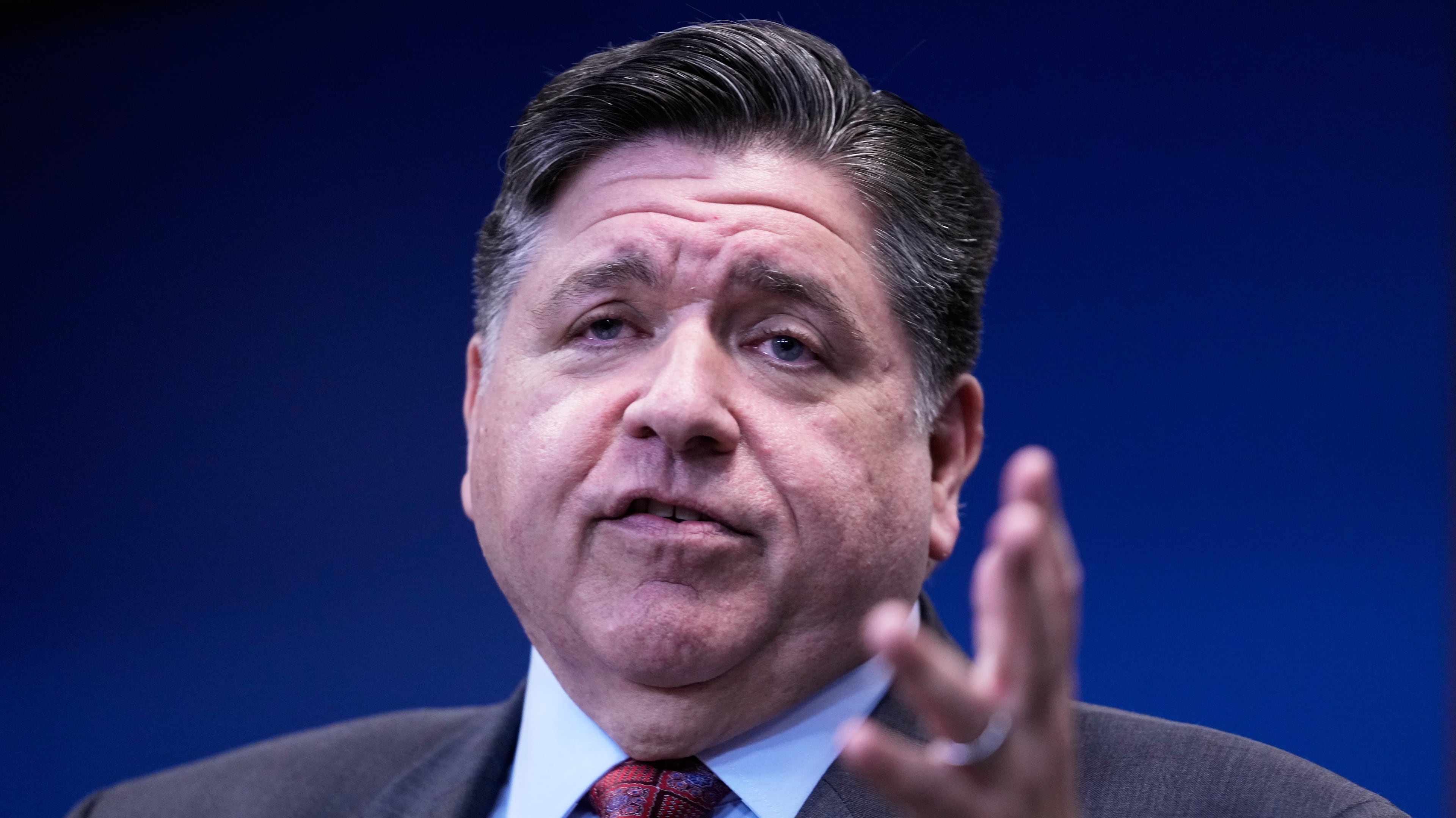 Illinois Gov. JB Pritzker talks to media at a news conference in Chicago, Monday, Oct. 6, 2025. (AP Photo/Nam Y. Huh)
