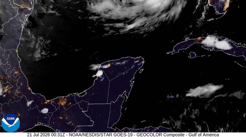 This satellite image from the National Oceanic and Atmospheric Administration taken at 7:31pm EDT shows Tropical Storm Bertha in the Gulf of Mexico on Monday, July 21, 2026. (NOAA via AP)