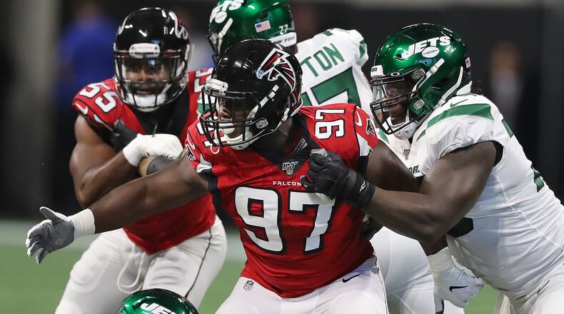 Falcons defensive tackle Grady Jarrett rushes against the New York Jets. Curtis Compton/ccompton@ajc.com