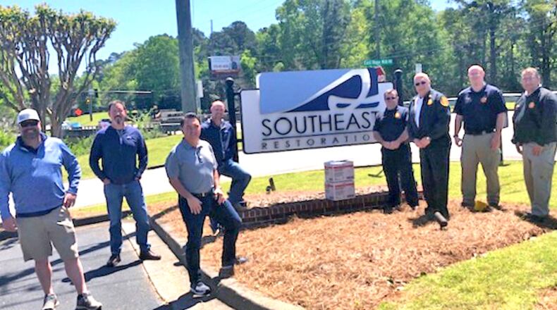 Ben Looper, Wes McCall and his team at Southeast Restoration donate 7,400 medical gloves to Fire Chief Tim Prather, Battalion Chief of Support Services Marc Liscio, and Sgt. Bryan Thomas and Jason Cooper of Cherokee County Fire & Emergency Services. CHEROKEE COUNTY FIRE
