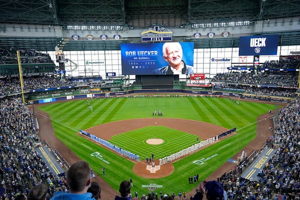 A tribute to Bob Uecker is displayed prior to a baseball game between the Milwaukee Brewers and the Kansas City Royals on Opening Day Monday, March 31, 2025, in Milwaukee. (AP Photo/Kayla Wolf)