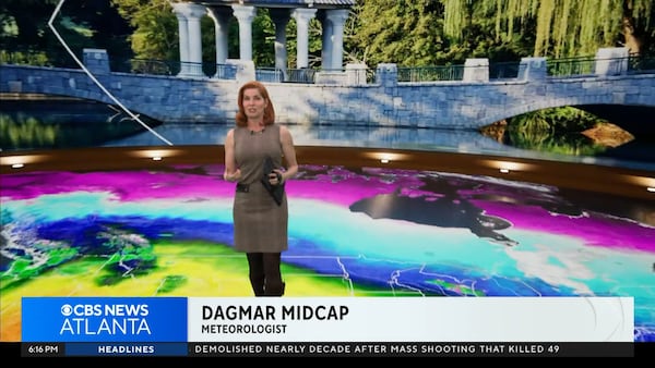 Dagmar Midcap giving the weather forecast during the CBS Atlanta 6 p.m. newscast Wednesday, March 18, 2026. (CBS ATLANTA screenshot)
