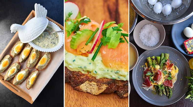 If Easter leaves you with an abundance of hard-boiled eggs, some dishes that can use them include (from left) “Atlanta” Egg with Gribiche sauce, Ole Reliable’s Egg Salad, and Grilled Spring Asparagus, Crumbled Hard-boiled Egg and Jamón Ibérico. (Photos by Chris Hunt and Brandon Amato)