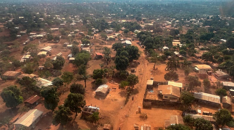 FILE - An arial view of Bangui, Central African Republic, is seen on March. 8, 2024. (AP Photo/Sam Mednick, File)
