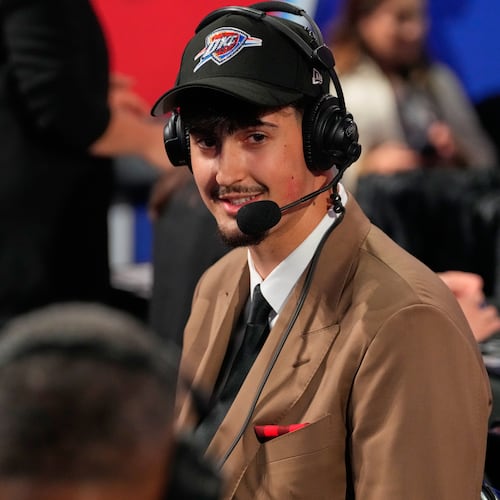 Aday Mara is interviewed after being selected by the Oklahoma City Thunder as the 12th pick in the first round of the NBA basketball draft, Tuesday, June 23, 2026, in New York. (AP Photo/Yuki Iwamura)