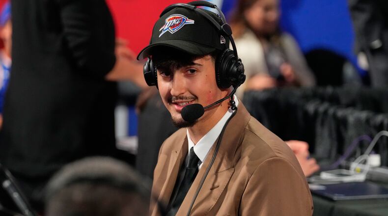 Aday Mara is interviewed after being selected by the Oklahoma City Thunder as the 12th pick in the first round of the NBA basketball draft, Tuesday, June 23, 2026, in New York. (AP Photo/Yuki Iwamura)