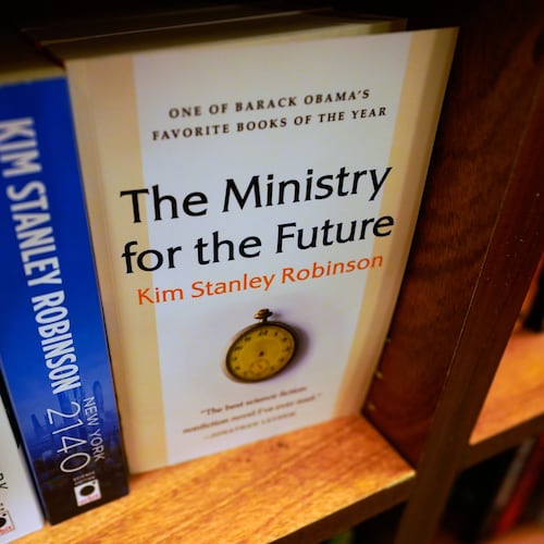 Kim Stanley Robinson's "The Ministry for the Future" sits on a shelf of a bookstore Monday, Sept. 14, 2026, in New York. (AP Photo/Alyssa Goodman)