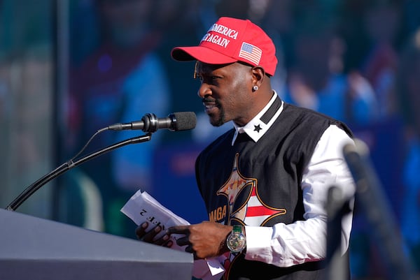 FILE - Former Pittsburgh Steelers Antonio Brown speaks before Republican presidential nominee former President Donald Trump takes the stage during a campaign rally at Arnold Palmer Regional Airport, Saturday, Oct. 19, 2024, in Latrobe, Pa. (AP Photo/Evan Vucci, File)