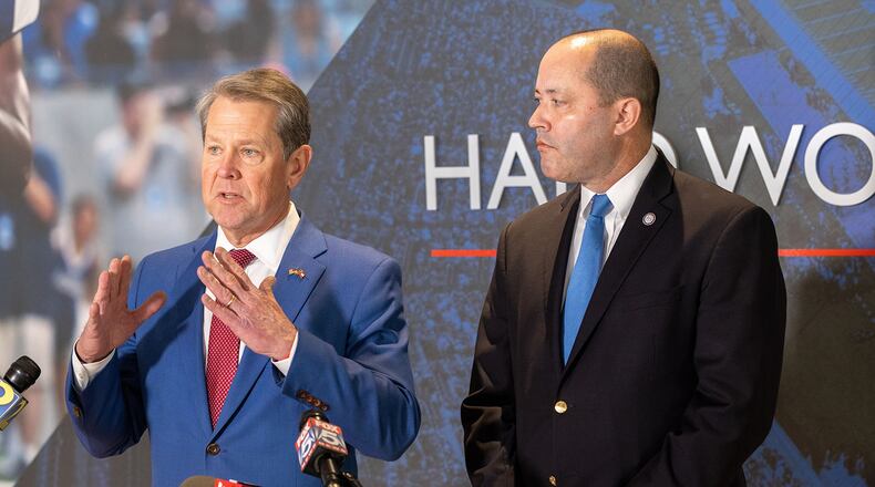 Gov. Brian Kemp, left, no longer practices a hands-off policy concerning Donald Trump, recently blasting the former president in a social media post. Kemp and his allies fear Trump's "sour grapes" over the 2020 election will doom the party's chances in Georgia in 2024. (Arvin Temkar/Atlanta Journal-Constitution/TNS)