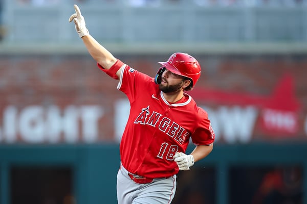 Los Angeles Angels' Nolan Schanuel (18) reacts after hitting a two-run home run in the second inning of a baseball game against the Atlanta Braves, Thursday, July 3, 2025, in Atlanta. (AP Photo/Colin Hubbard)