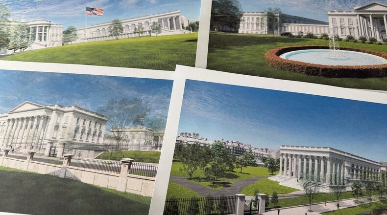 Artist renderings of the new White House East Wing and Ballroom are photographed Tuesday, March 31, 2026. (AP Photo/Jon Elswick)