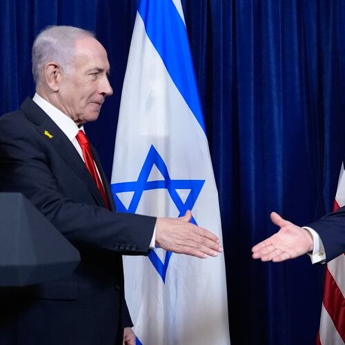 FILE - President Donald Trump shakes hands with Israel's Prime Minister Benjamin Netanyahu at the end of a news conference at Mar-a-Lago, Dec. 29, 2025, in Palm Beach, Fla. (AP Photo/Alex Brandon, File)