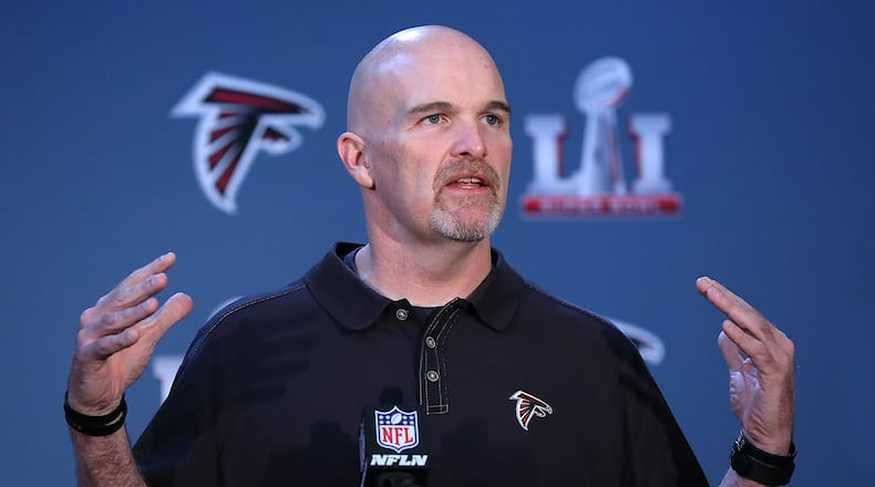 February 1, 2017, Houston: Falcons head coach Dan Quinn holds his press conference during Super Bowl media availability on Wednesday, Feb. 1, 2017, at the Memorial City Mall ice arena in Houston. Curtis Compton/ccompton@ajc.com