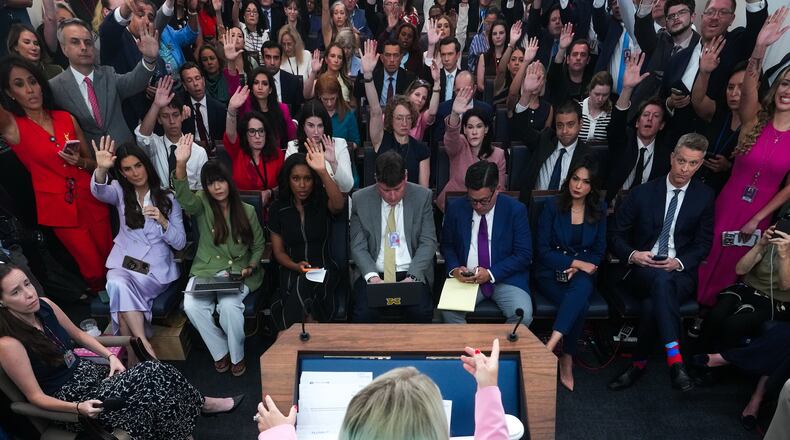 FILE - White House press secretary Karoline Leavitt speaks with reporters in the James Brady Press Briefing Room at the White House, July 16, 2026, in Washington. (AP Photo/Julia Demaree Nikhinson, File)